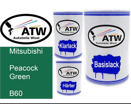 Mitsubishi, Peacock Green, B60: 500ml Lackdose + 500ml Klarlack + 250ml Härter - Set, von ATW Autoteile West.